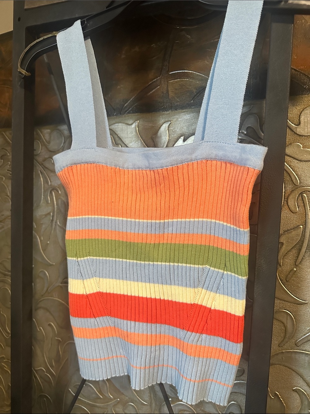 Fate Striped Ribbed Tank Top - Light Blue, Orange & Red